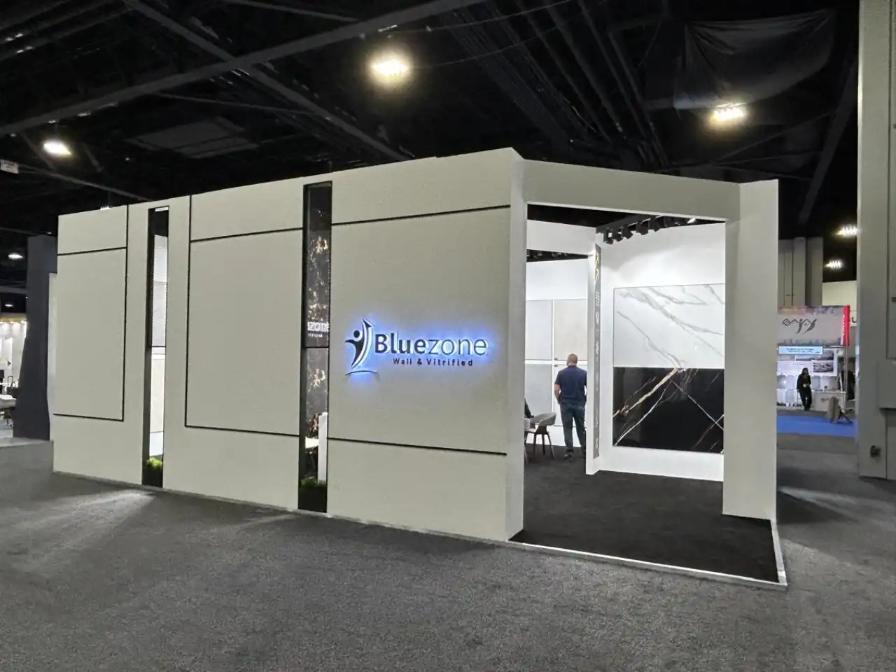 Bluezone exhibition booth at Covering 2024 trade show, Bluezone custom trade show booth design Covering 2024, branded exhibition stand display Atlanta trade show