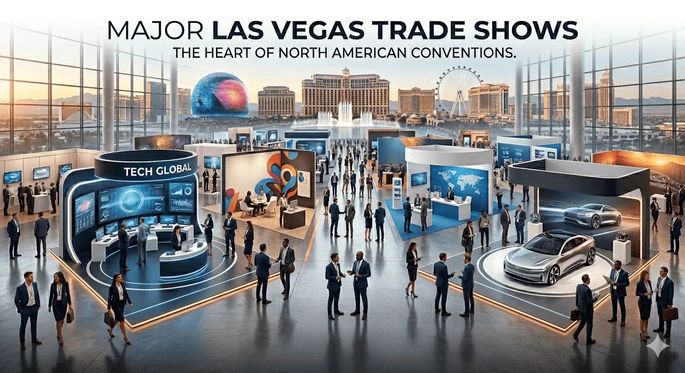 Major Las Vegas trade shows and conventions with custom exhibition booths at a modern Las Vegas convention center