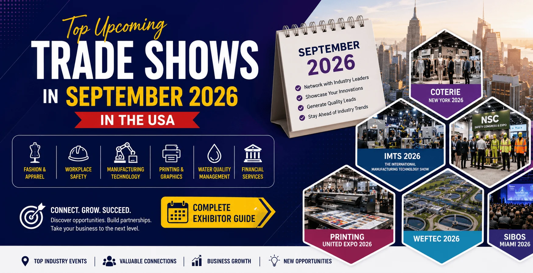 September 2026 trade shows in the USA covering manufacturing, fashion, workplace safety, printing, water management, and business networking events.