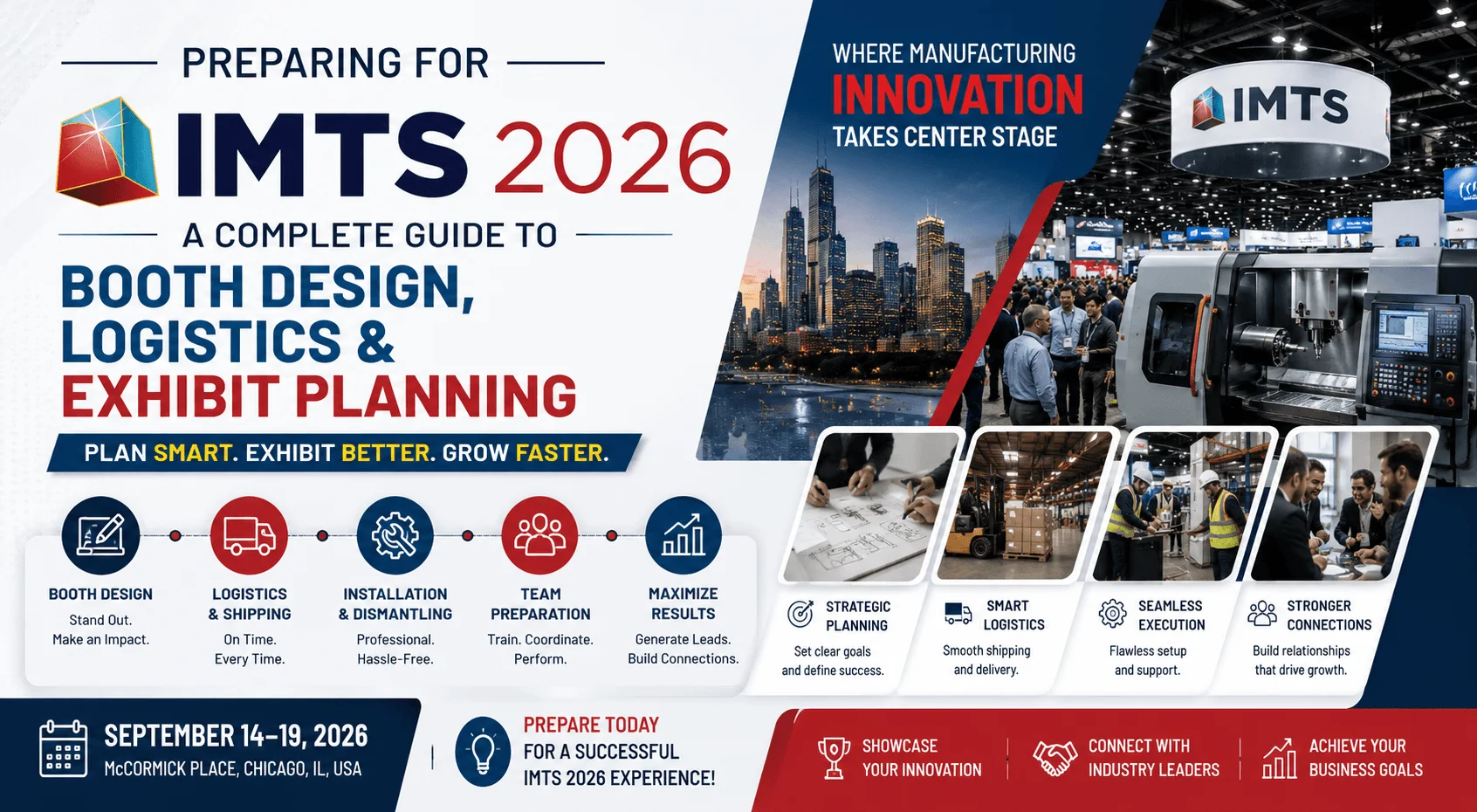 Preparing for IMTS Chicago 2026 guide featuring trade show booth design, exhibit planning, logistics management, installation support, and manufacturing industry exhibition strategies.